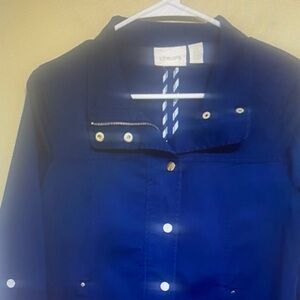Chico’s Womens Navy Blue Button Zip Front Utility Jacket Size S